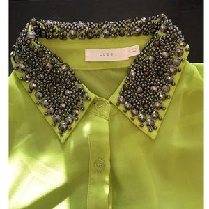 Lush neon studded collar open shoulder blouse